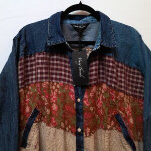 NWT Young Threads  Shirt Multi Color Patch Denim Trim Top Lg